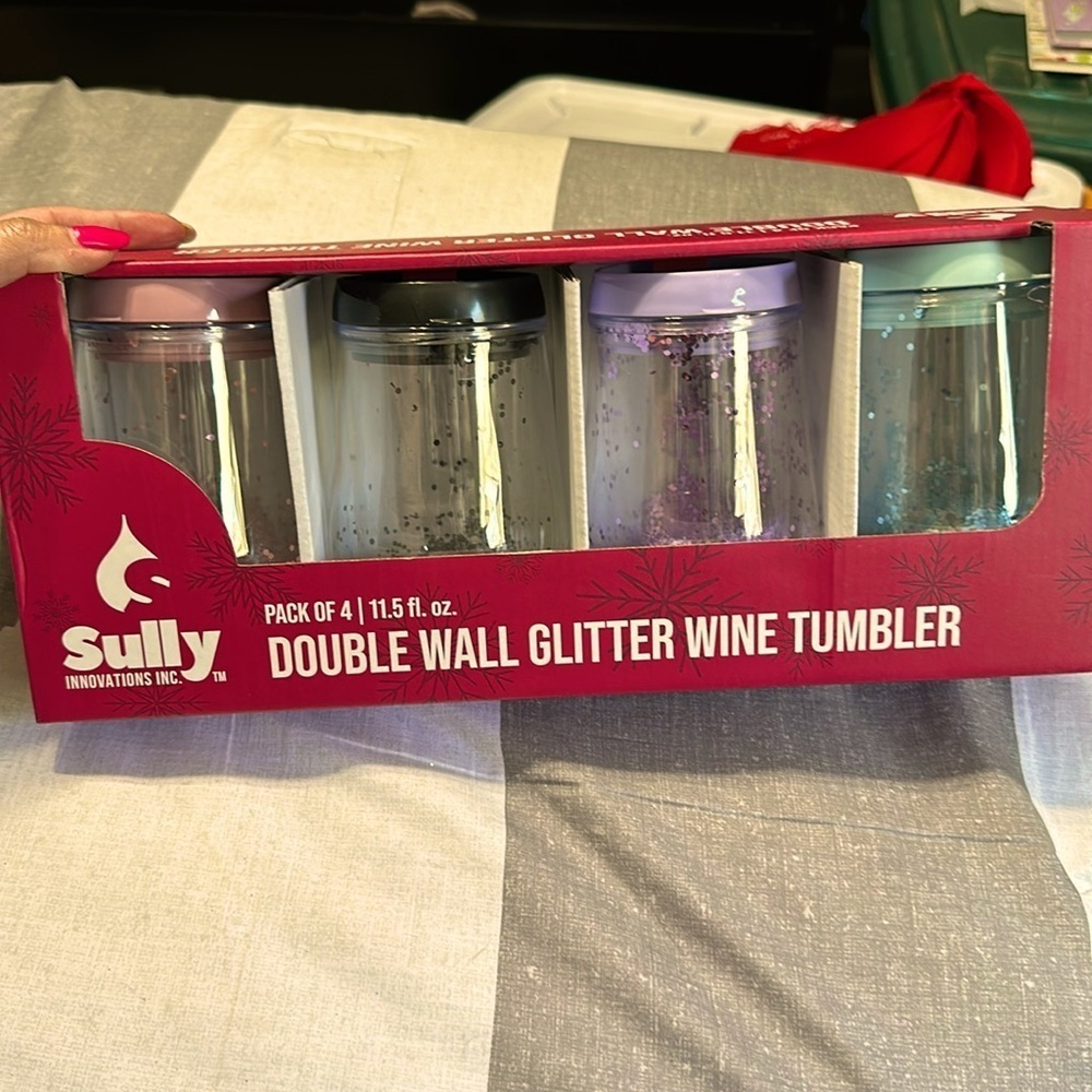 Double Wall Glitter Wine Tumbler 4 Pack Set Sully Innovations New